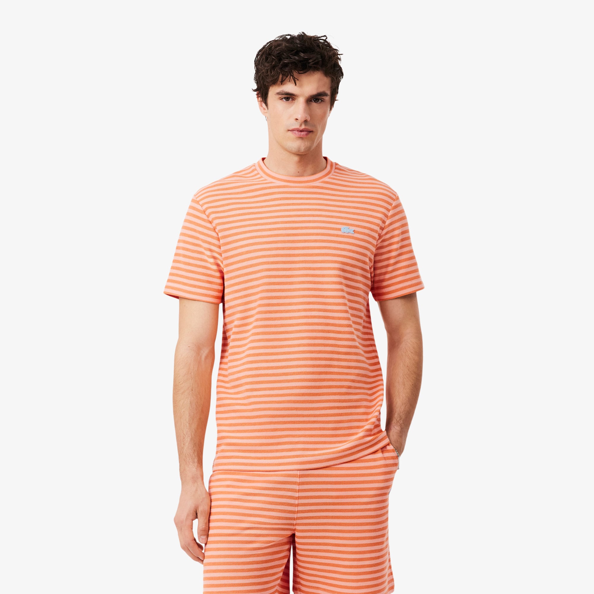 Áo Thun Lacoste Nam Dáng Cổ Điển Chất Liệu Cotton Kẻ Sọc Dập Nổi