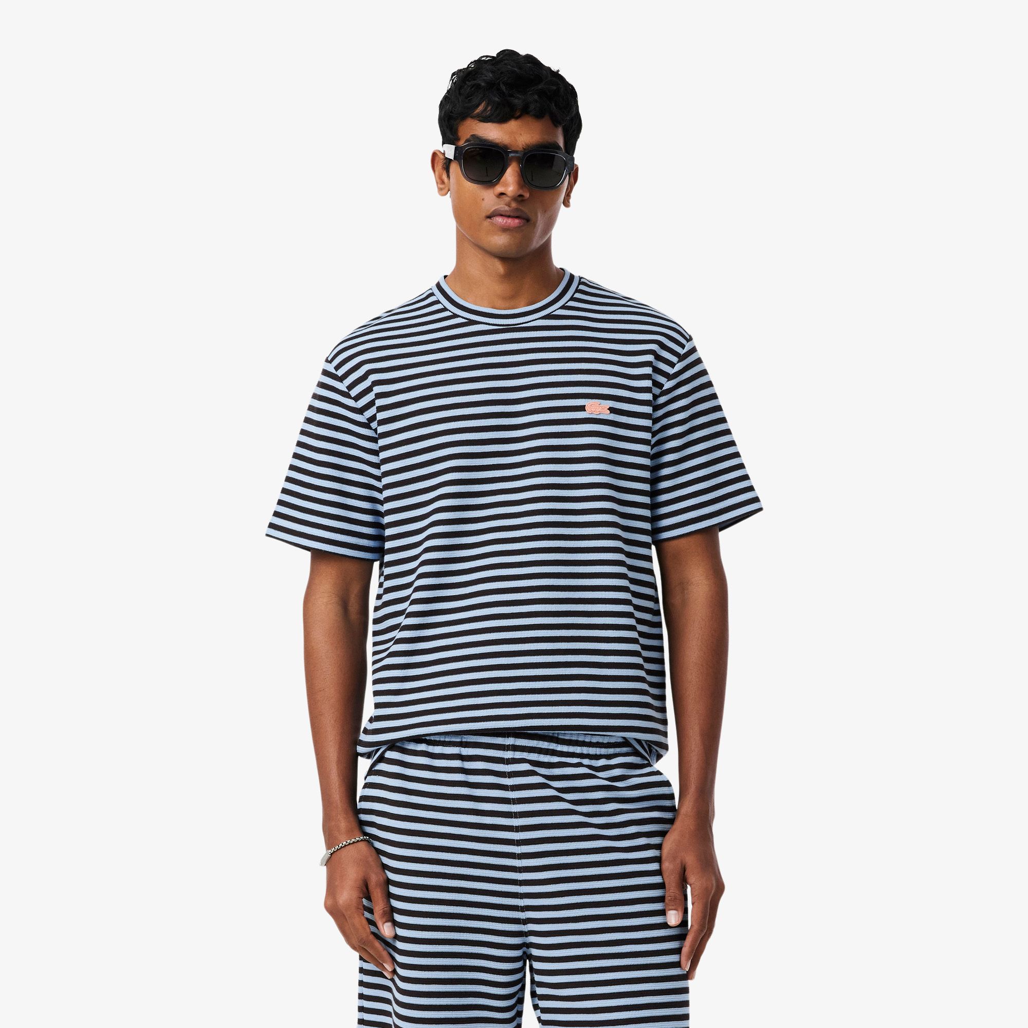 Áo Thun Lacoste Nam Dáng Cổ Điển Chất Liệu Cotton Kẻ Sọc Dập Nổi