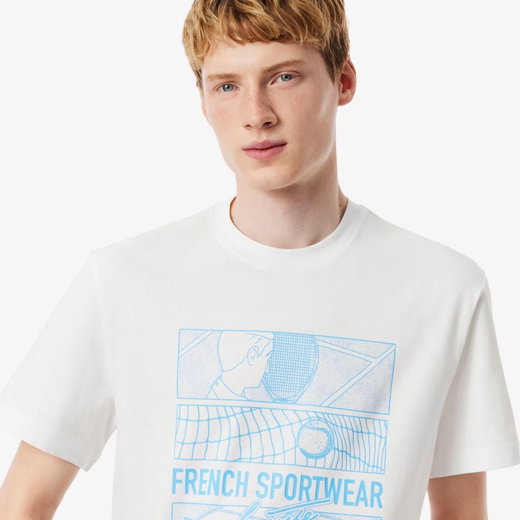Áo Thun Tennis Lacoste Nam Dáng Cổ Điển Cotton In Hình Sân Đấu