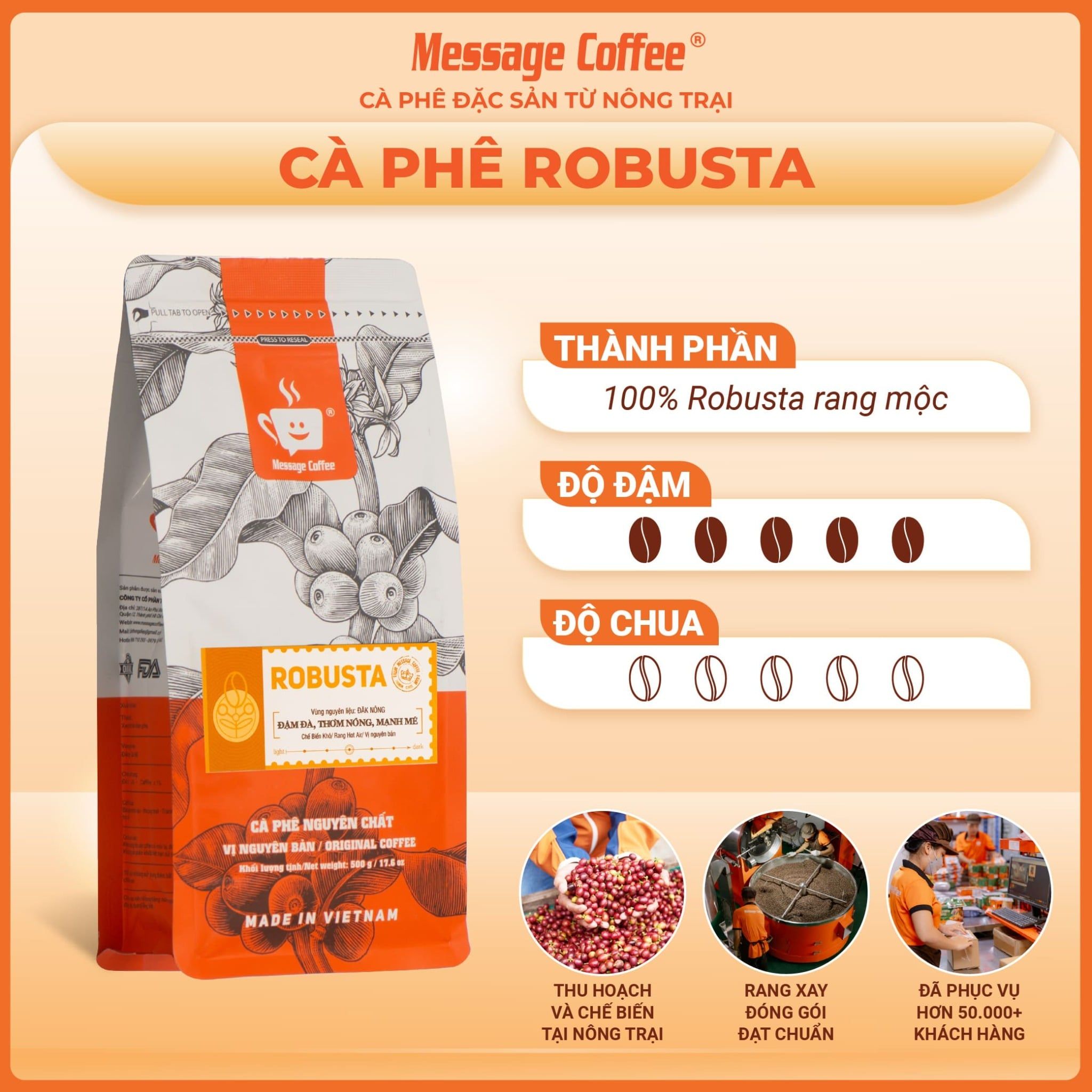  Cà phê Robusta nguyên chất rang mộc 100% vị truyền thống đậm đà thơm nồng cafe pha phin ngon gói 500gr từ Message Coffee 
