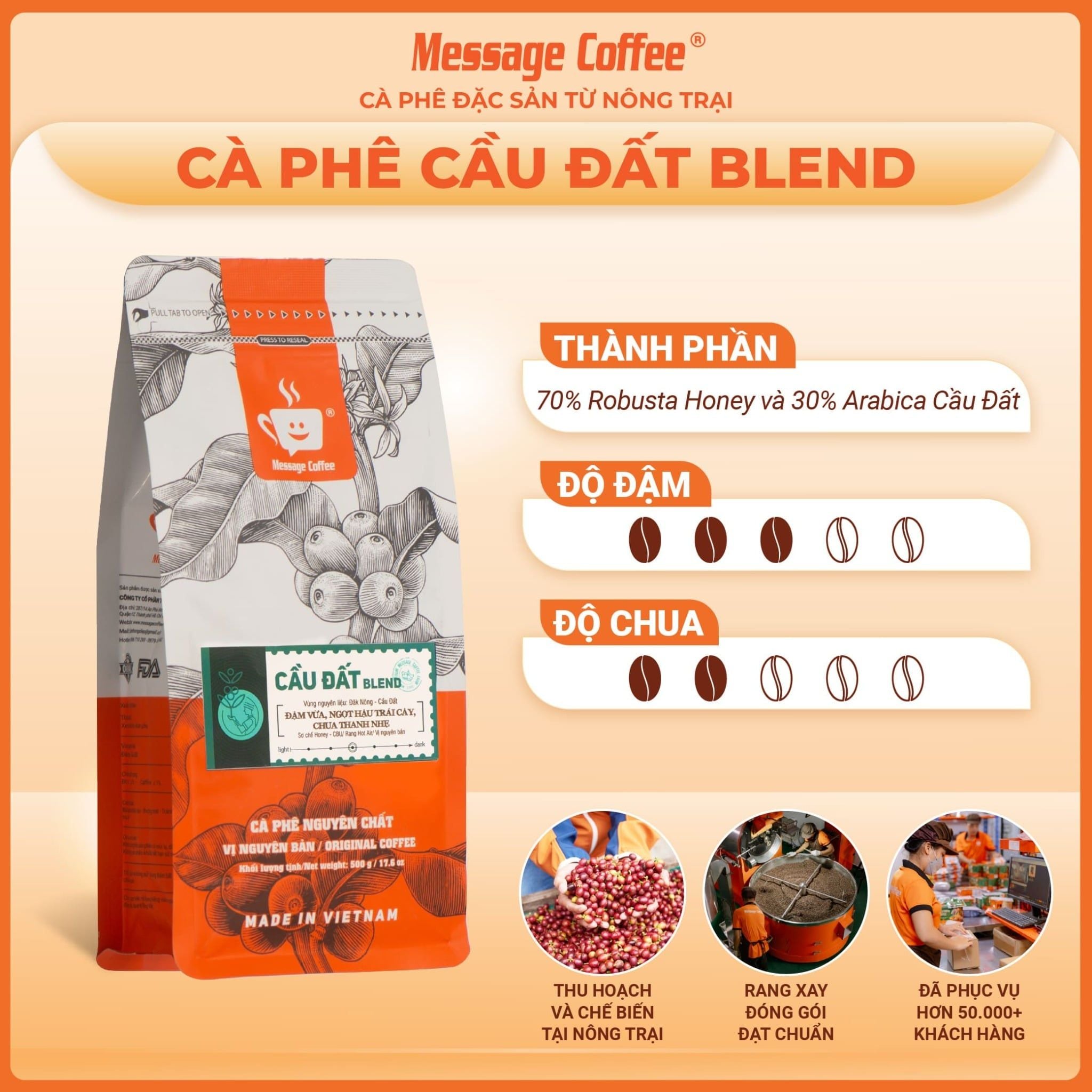  Cà phê nguyên chất Cầu Đất Blend rang mộc 100% thơm quyến rũ hậu ngọt đắng đầm dùng pha máy - pha phin từ Message Coffee 