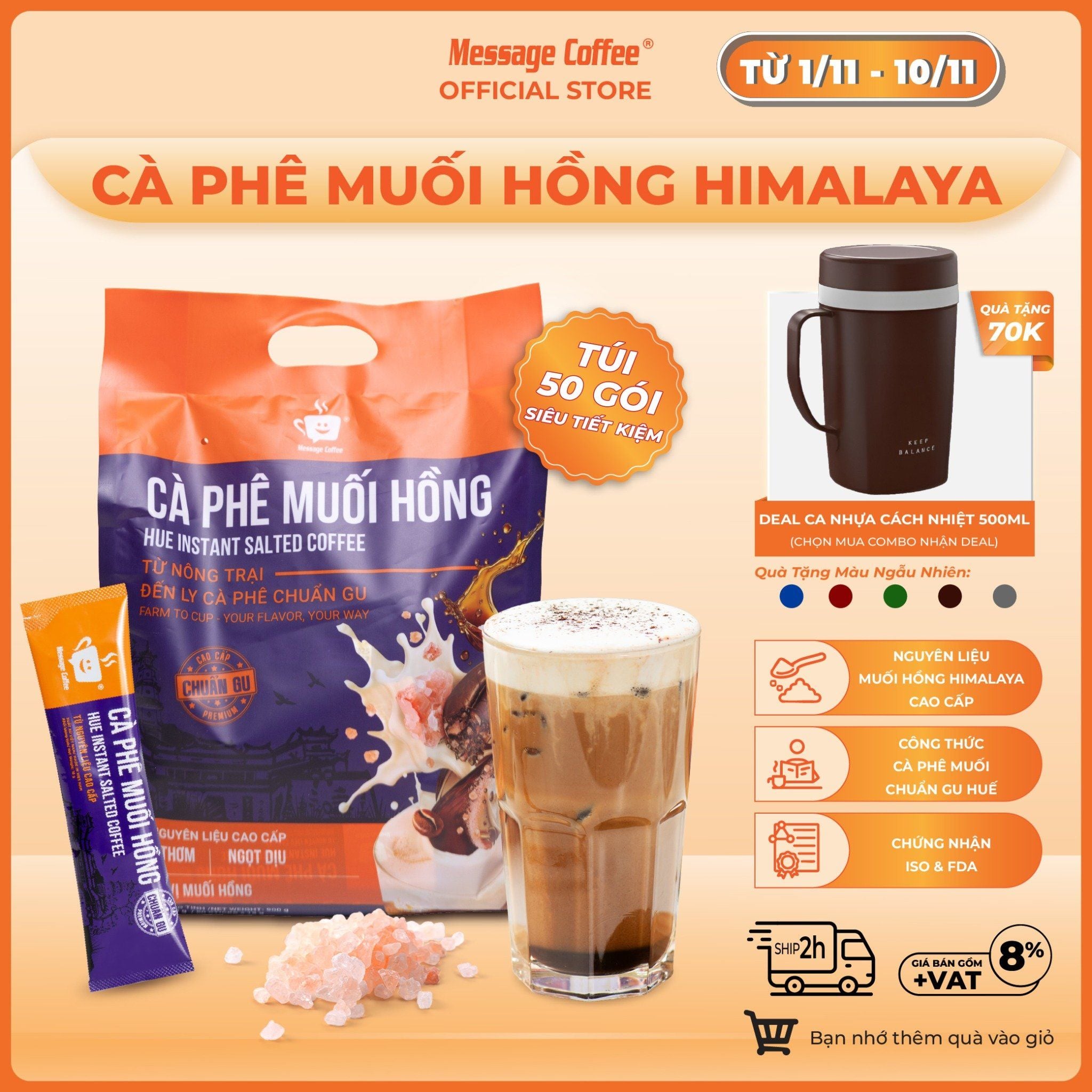  Túi Cà phê hòa tan Muối Hồng Himalaya đậm đà từ Message Coffee, đặc sản cafe Huế thơm ngon tiện lợi 