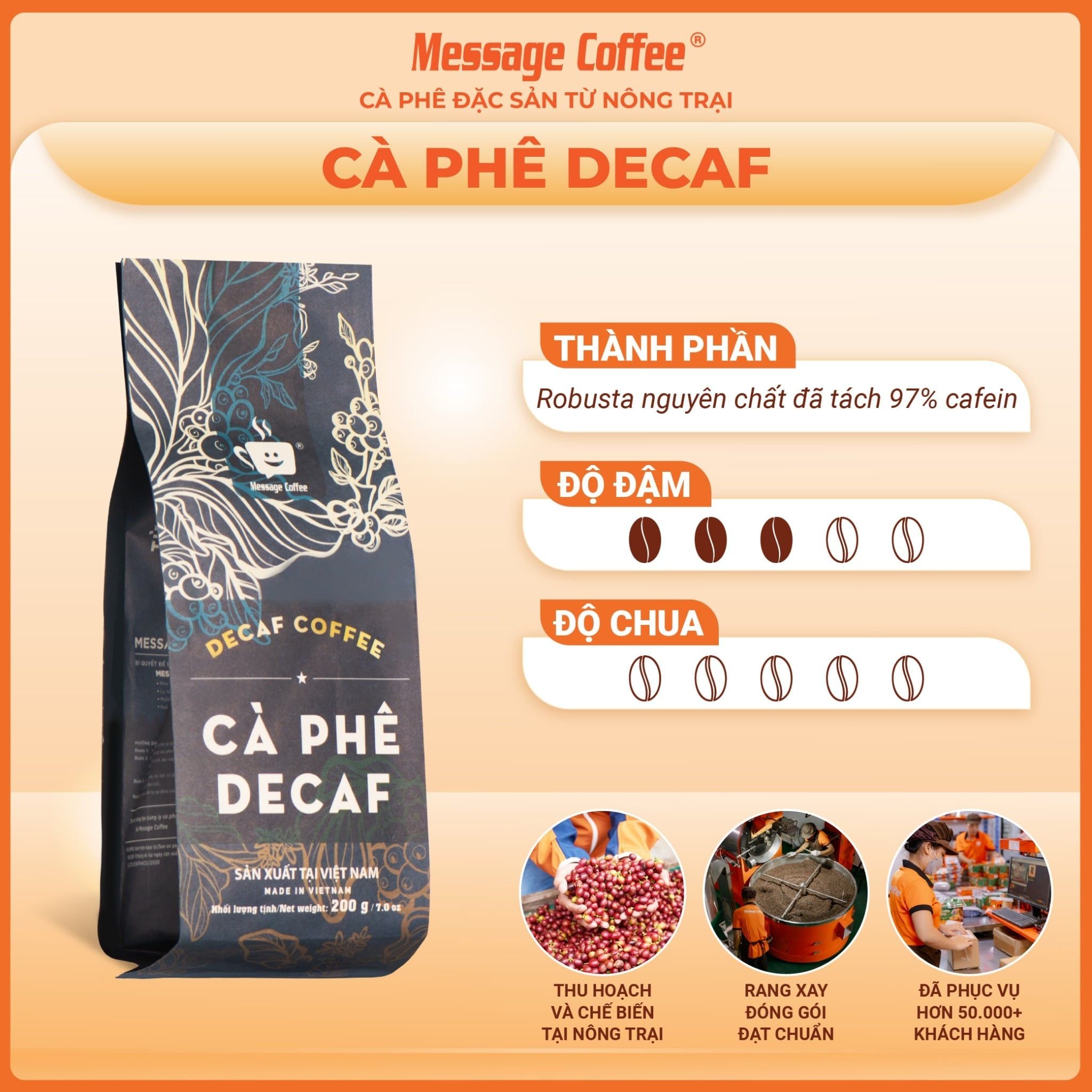  Cà phê DECAF cao cấp - Cafe robusta tách cafeine, ít đắng, dành cho người nhạy cảm với cafeine, không mất ngủ gói 200gr 