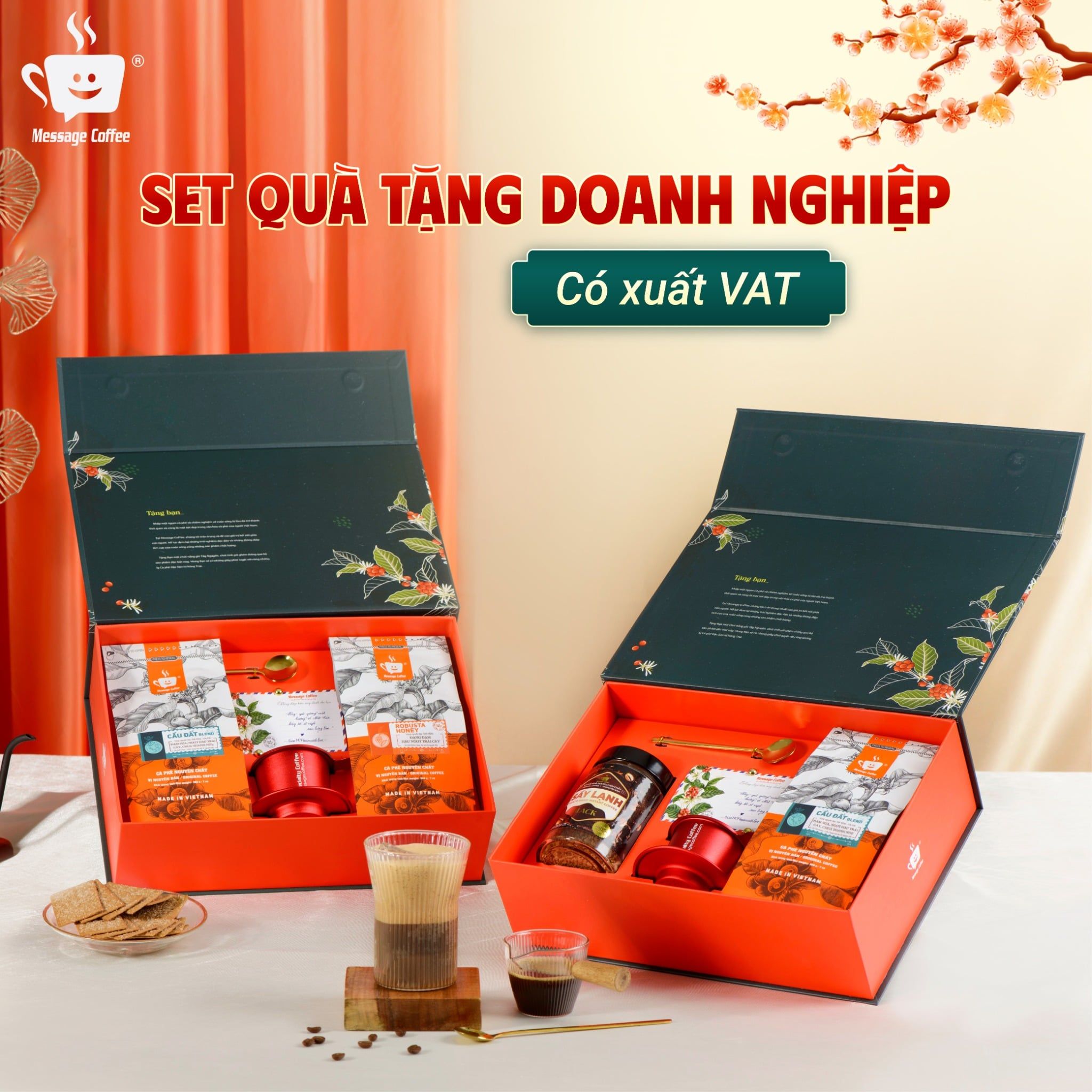  Set Quà Tặng Cà Phê Đặc Sản - Hộp Quà Doanh Nghiệp Cao Cấp, Combo Quà Tặng Cafe Nguyên Chất, cafe Hòa Tan Kèm Phin, thìa Từ Message Coffee 