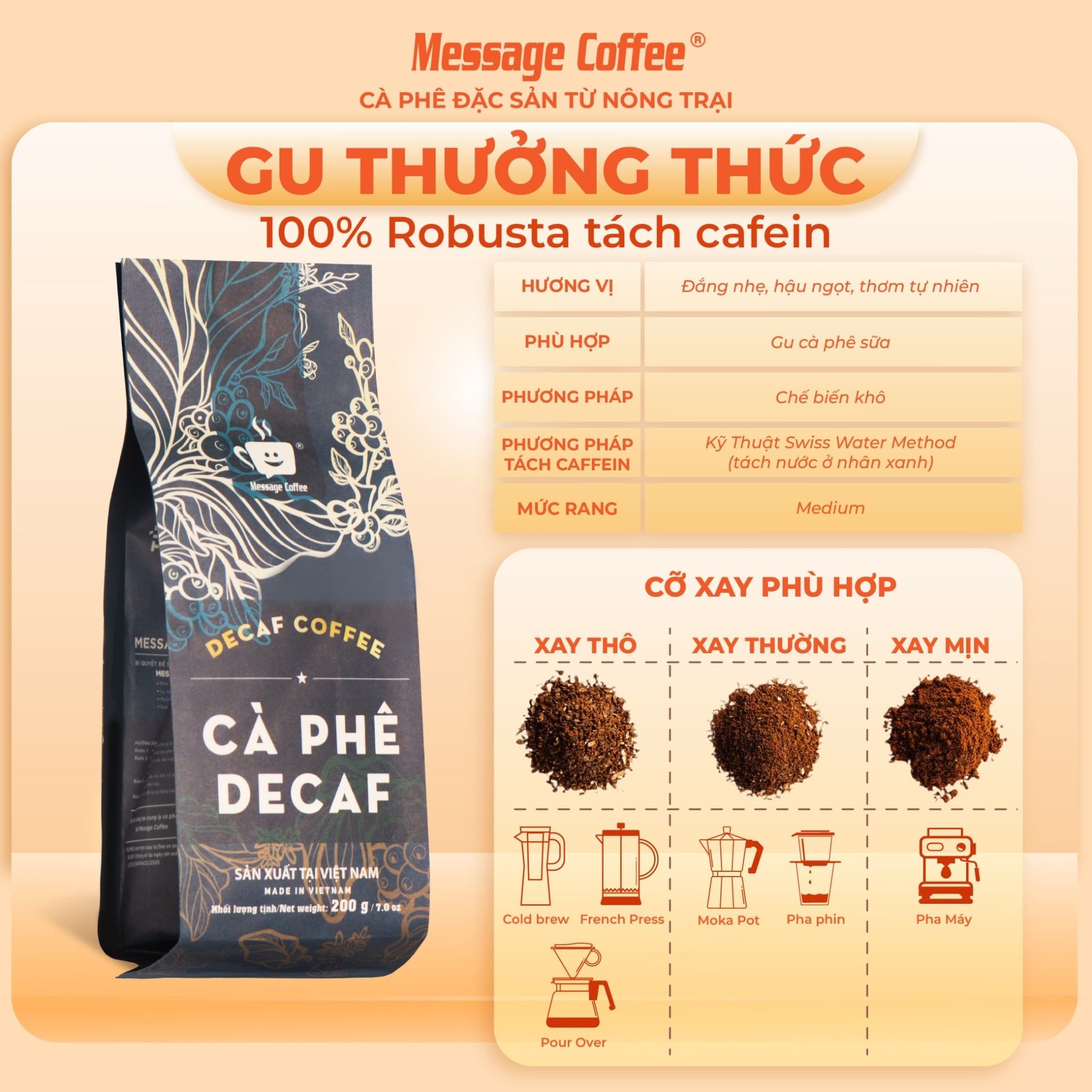  Cà phê DECAF cao cấp - Cafe robusta tách cafeine, ít đắng, dành cho người nhạy cảm với cafeine, không mất ngủ gói 200gr 