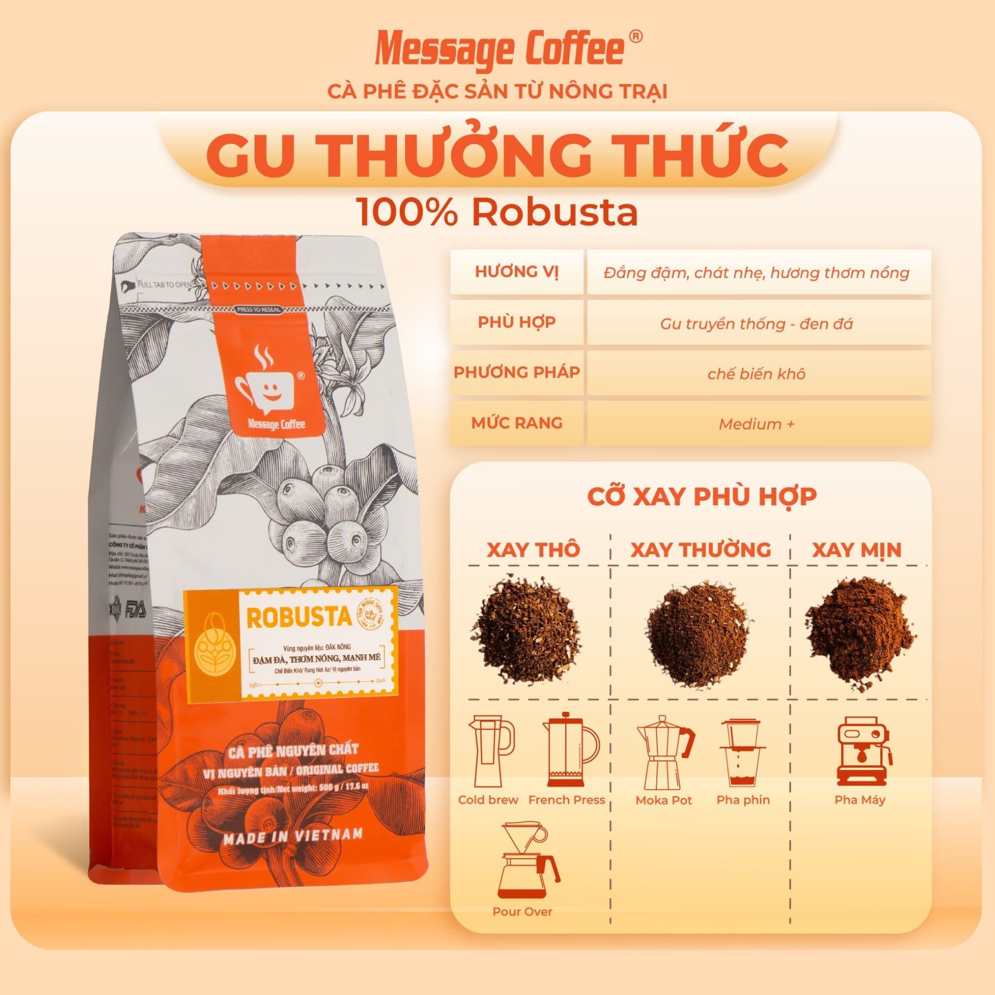  Cà phê Robusta nguyên chất rang mộc 100% vị truyền thống đậm đà thơm nồng cafe pha phin ngon gói 500gr từ Message Coffee 