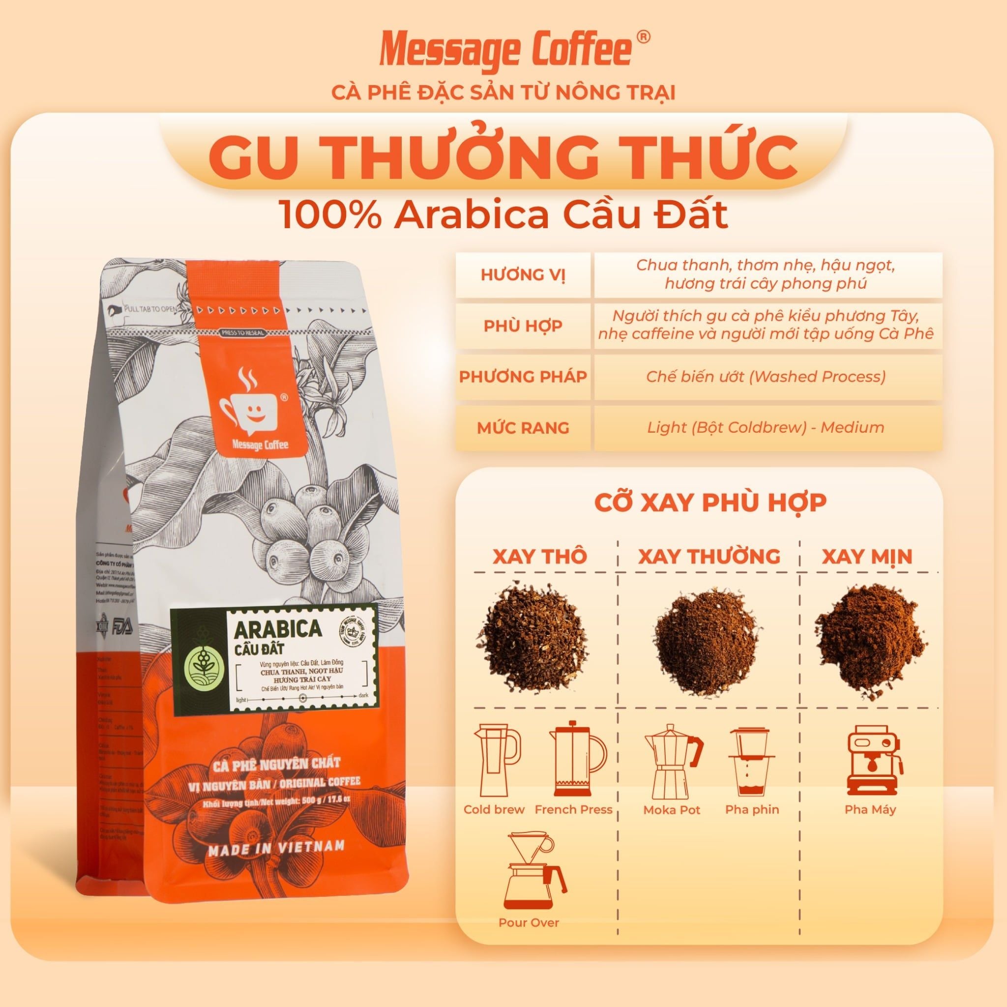  Cà phê Arabica Cầu Đất nguyên chất 100% hậu vị ngọt thơm quyến rũ gói 500g Pha Máy - Cold Brew và Drip từ Message Coffee 