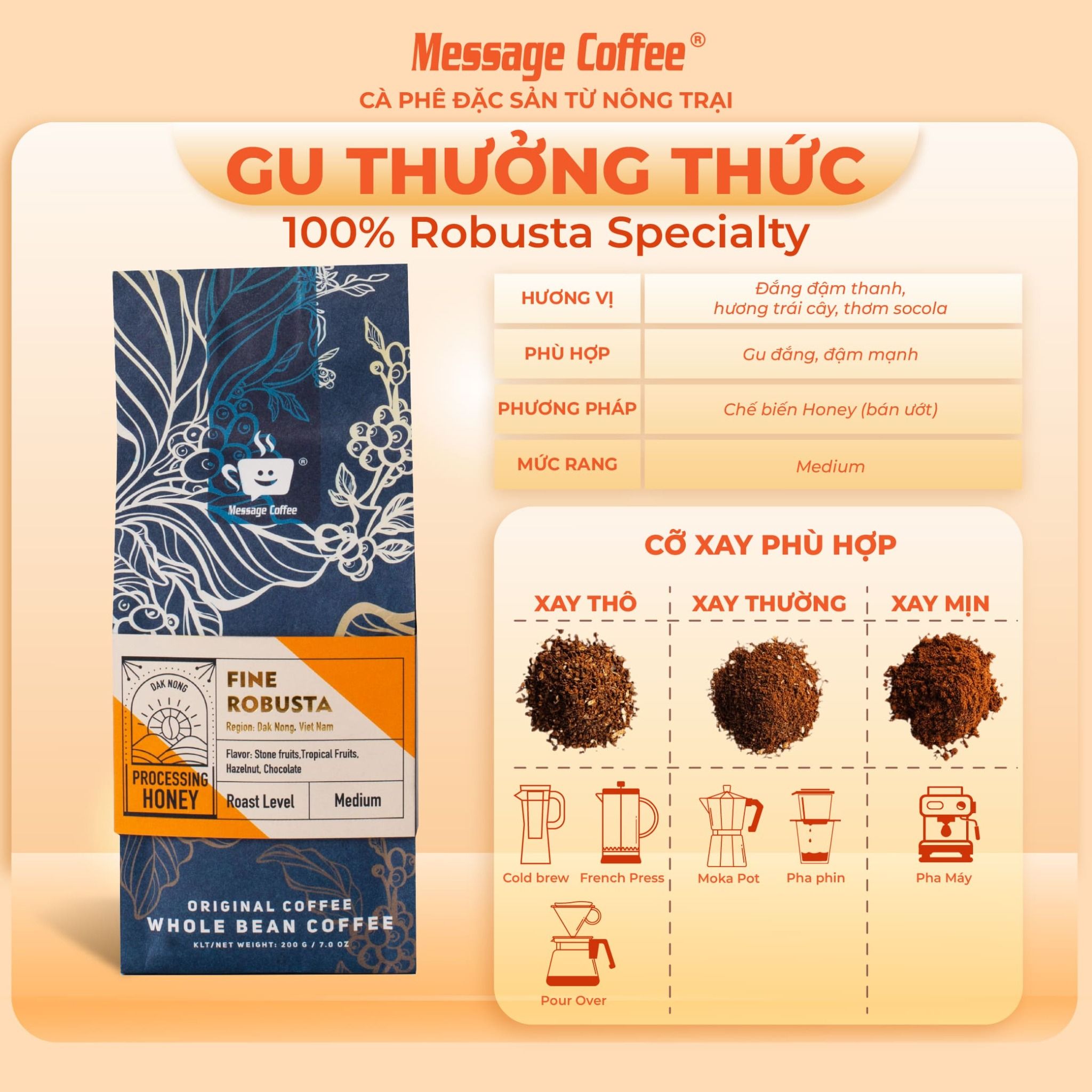  Cà Phê Đặc Sản Fine Robusta - Amazing cup 2022, cafe robusta specialty gu thưởng thức từ Message Coffee gói 200g 