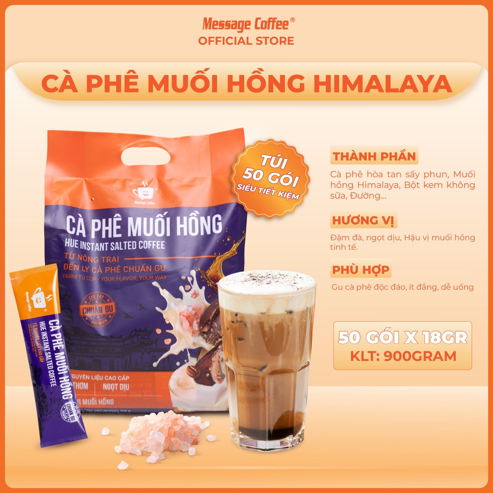  Túi Cà phê hòa tan Muối Hồng Himalaya đậm đà từ Message Coffee, đặc sản cafe Huế thơm ngon tiện lợi 
