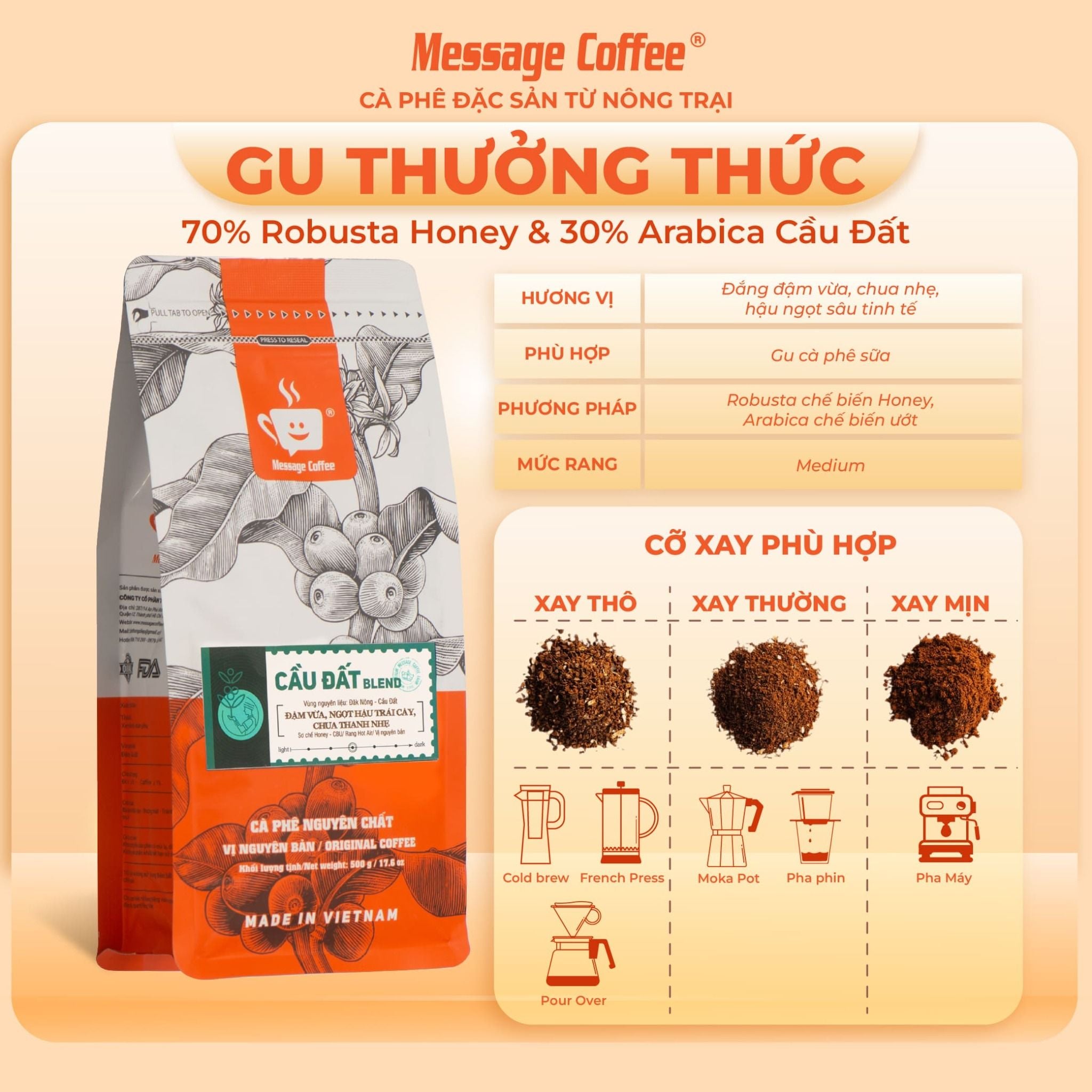  Cà phê nguyên chất Cầu Đất Blend rang mộc 100% thơm quyến rũ hậu ngọt đắng đầm dùng pha máy - pha phin từ Message Coffee 