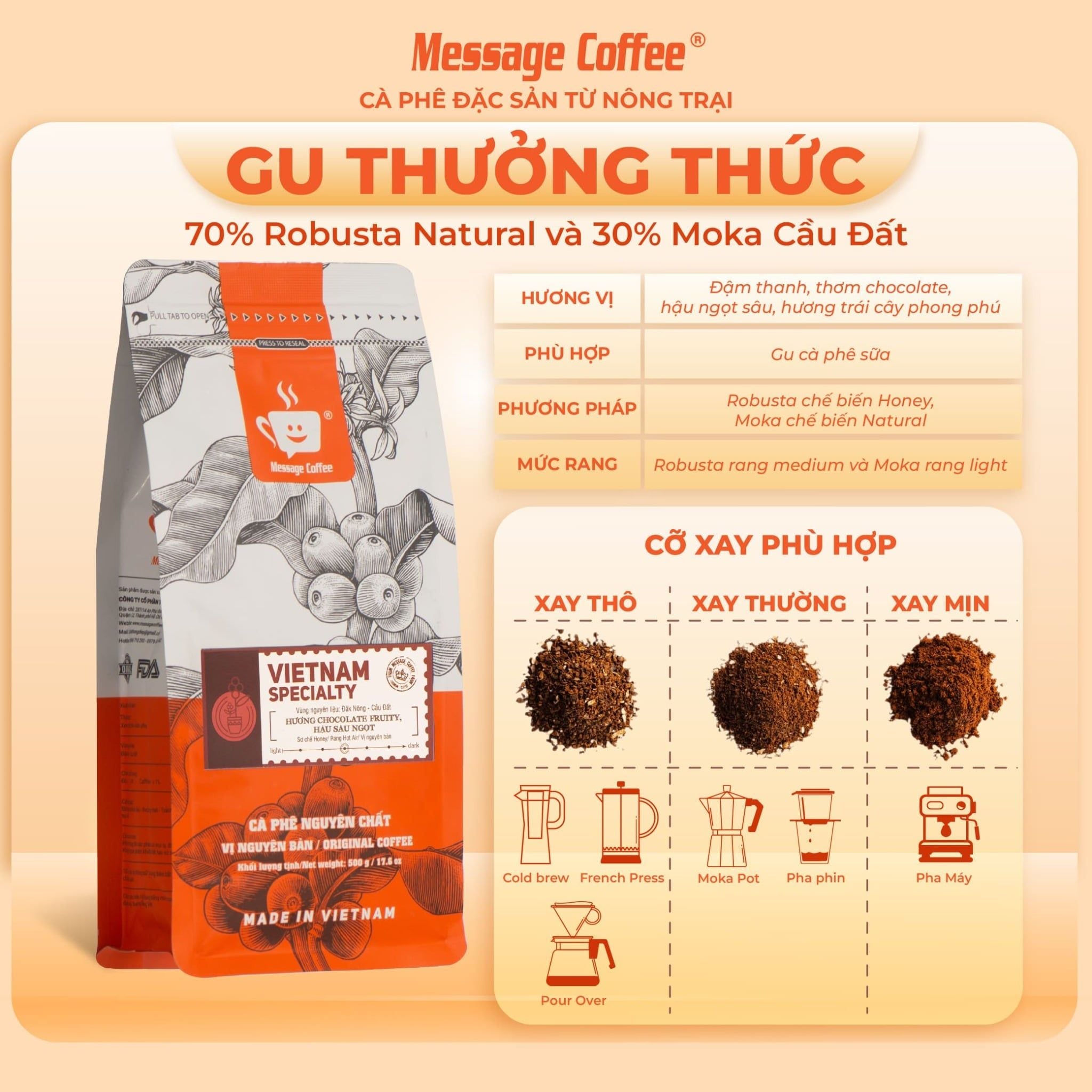 Cà phê nguyên chất Vietnam Specialty CAO CẤP thơm trái cây đắng dịu dùng pha phin hoặc pha máy từ Message Coffe 