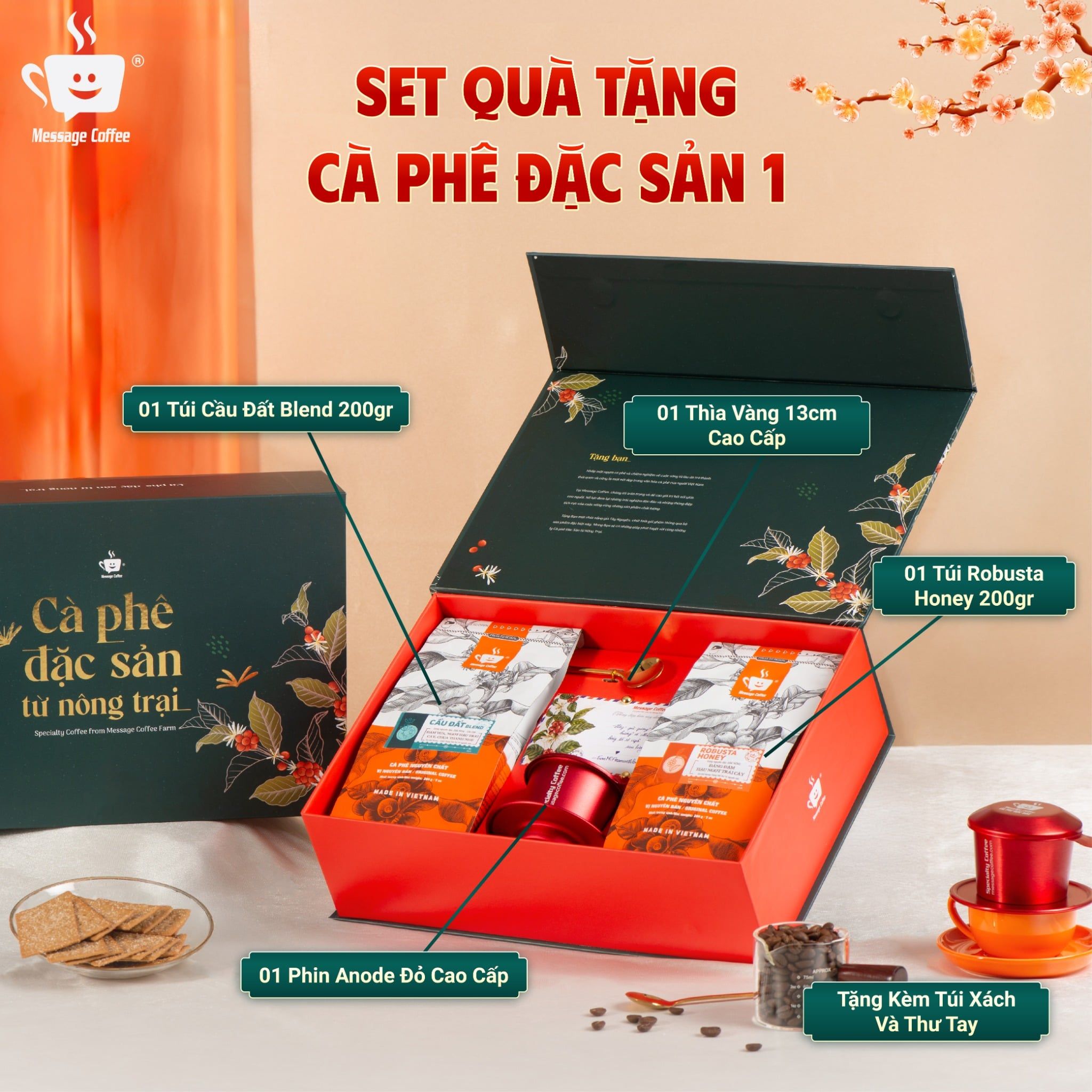  Set Quà Tặng Cà Phê Đặc Sản - Hộp Quà Doanh Nghiệp Cao Cấp, Combo Quà Tặng Cafe Nguyên Chất, cafe Hòa Tan Kèm Phin, thìa Từ Message Coffee 