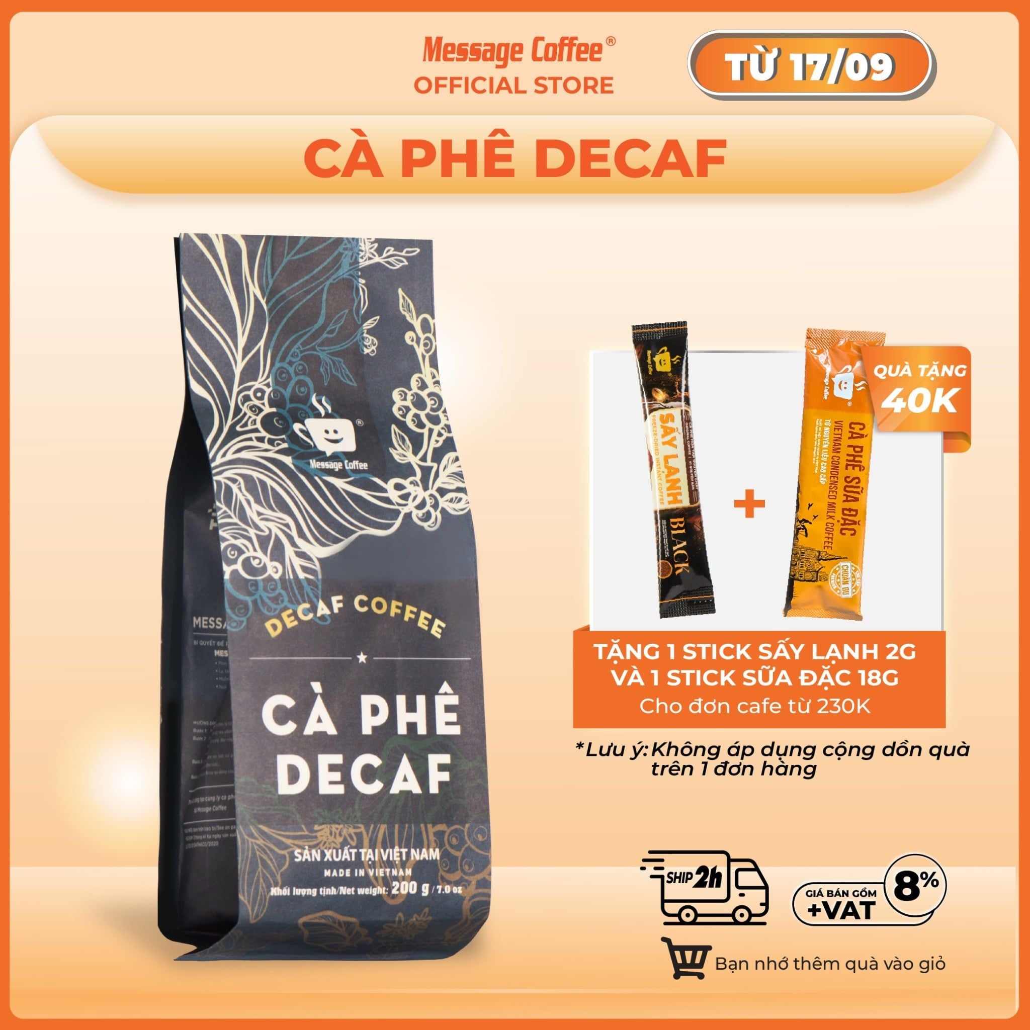  Cà phê DECAF cao cấp - Cafe robusta tách cafeine, ít đắng, dành cho người nhạy cảm với cafeine, không mất ngủ gói 200gr 