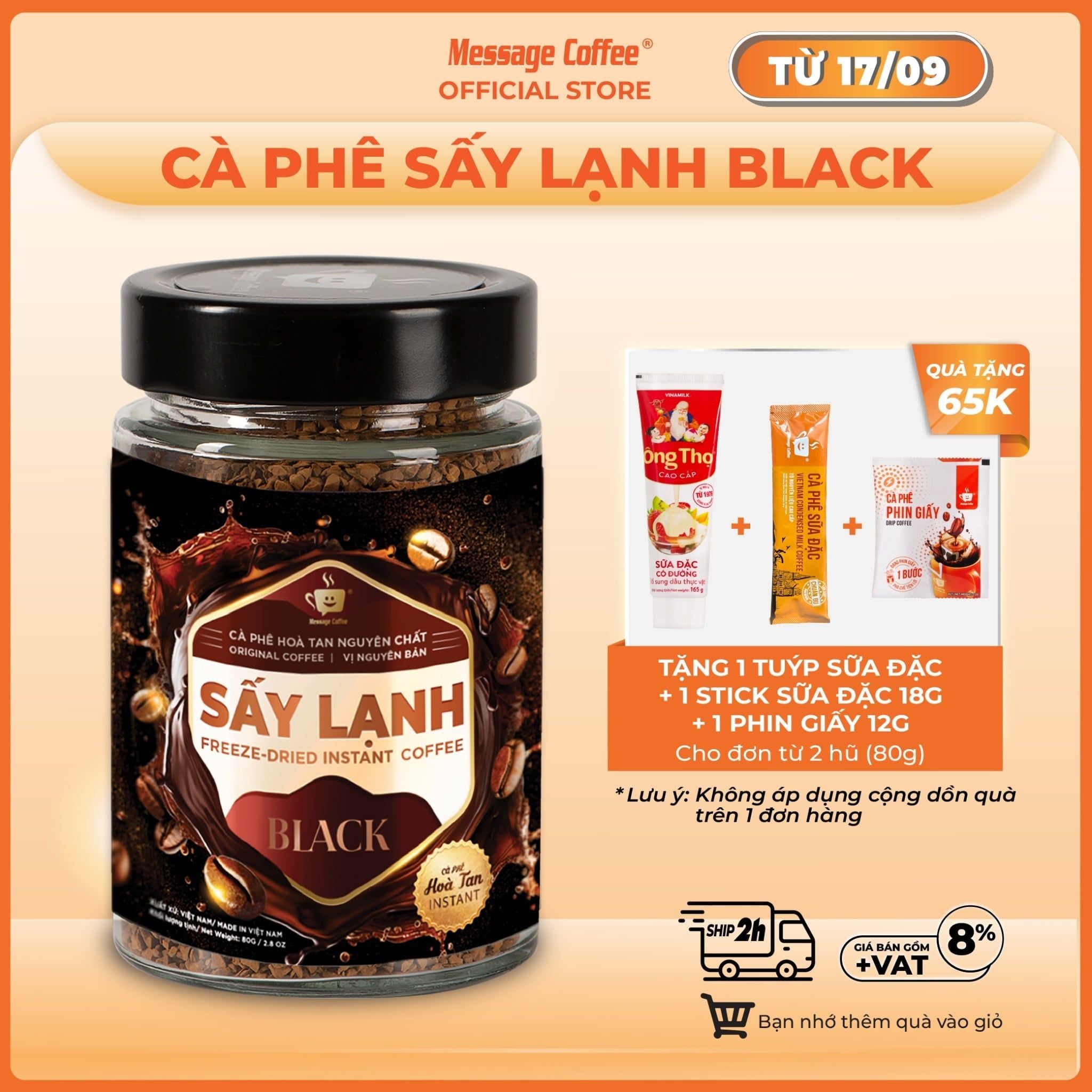  Cà phê Hòa Tan Sấy Lạnh BLACK Gu Đậm Đà, tinh chất cafe rang xay nguyên chất, tiện lợi, dùng liền từ Message Coffee 