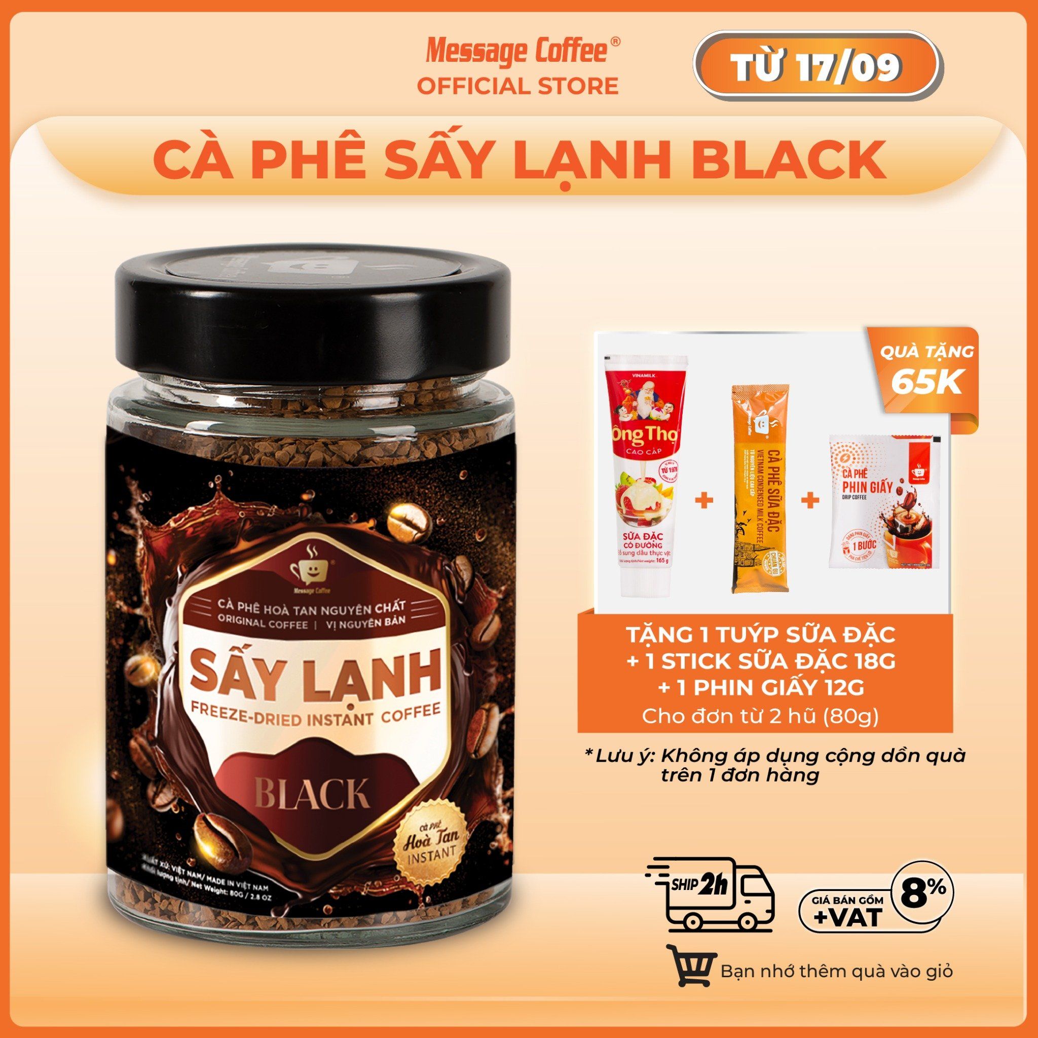  Cà phê Hòa Tan Sấy Lạnh BLACK Gu Đậm Đà, tinh chất cafe rang xay nguyên chất, tiện lợi, dùng liền từ Message Coffee 