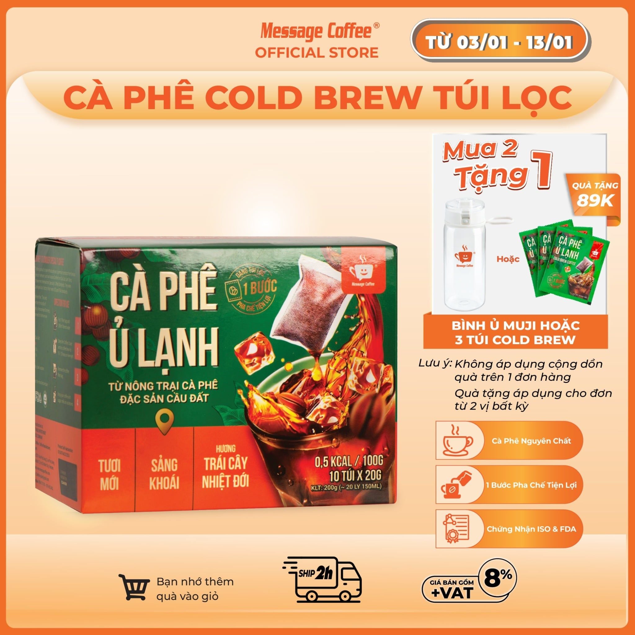  Cà phê Cold Brew túi lọc Arabica Cầu Đất tiện lợi một bước pha chế cho người bận rộn từ Message Coffee hộp 10 túi x 20gr 
