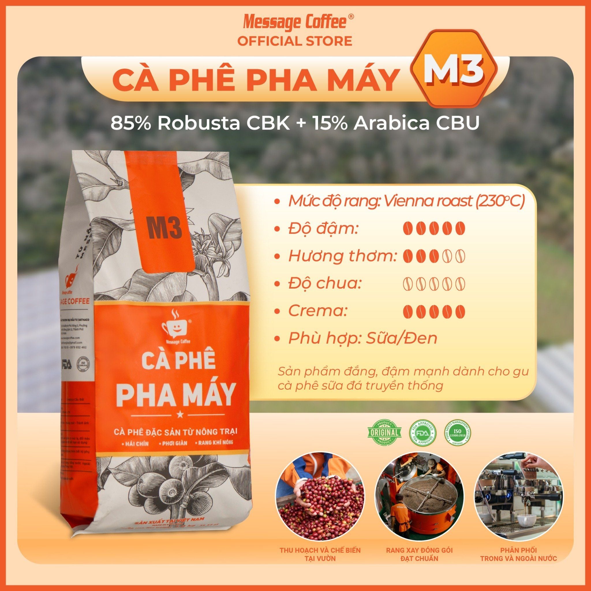  Cà phê pha máy M3 BLEND 8,5:1,5 (85% Robusta 15% Arabica) gói 10KG | Cà phê giá sỉ cho quán từ Message Coffee 