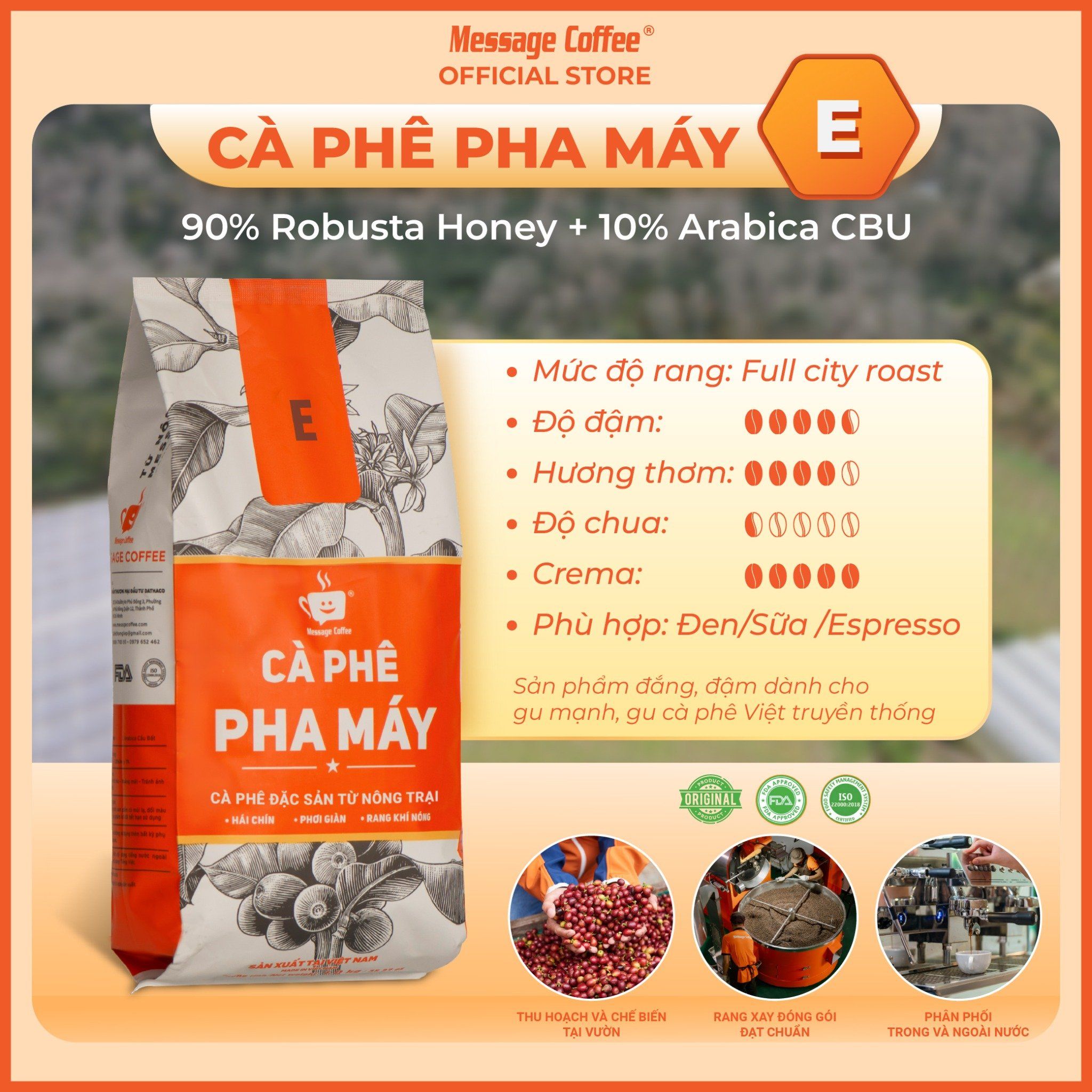  Cà phê pha máy E BLEND 9:1 (90% Robusta 10% Arabica) gói 10KG | Cà phê giá sỉ cho quán từ Message Coffee 