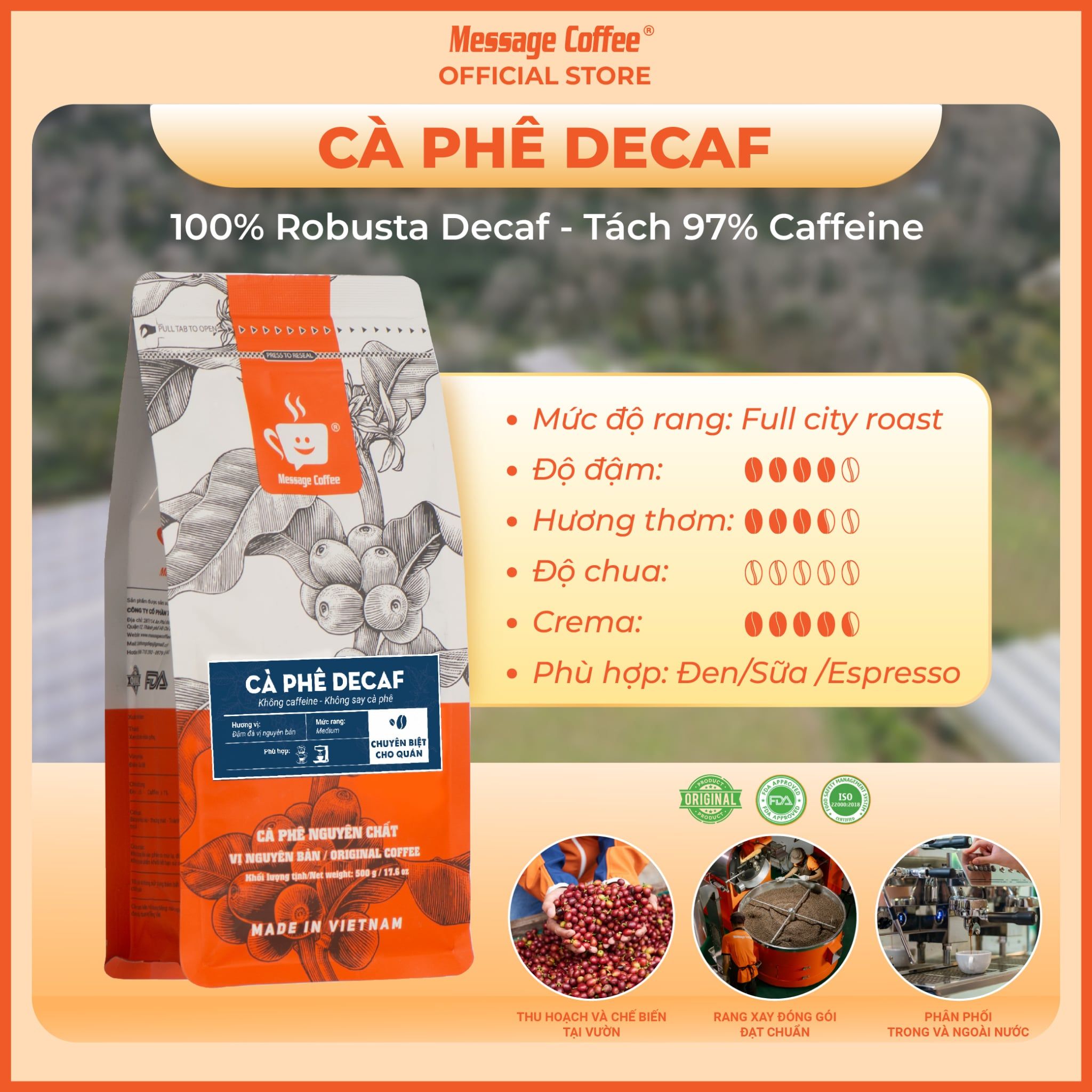  Cà phê hạt DECAF ROBUSTA - Cafe ít đắng, ít Caffeine gói 10KG từ Message Coffee 