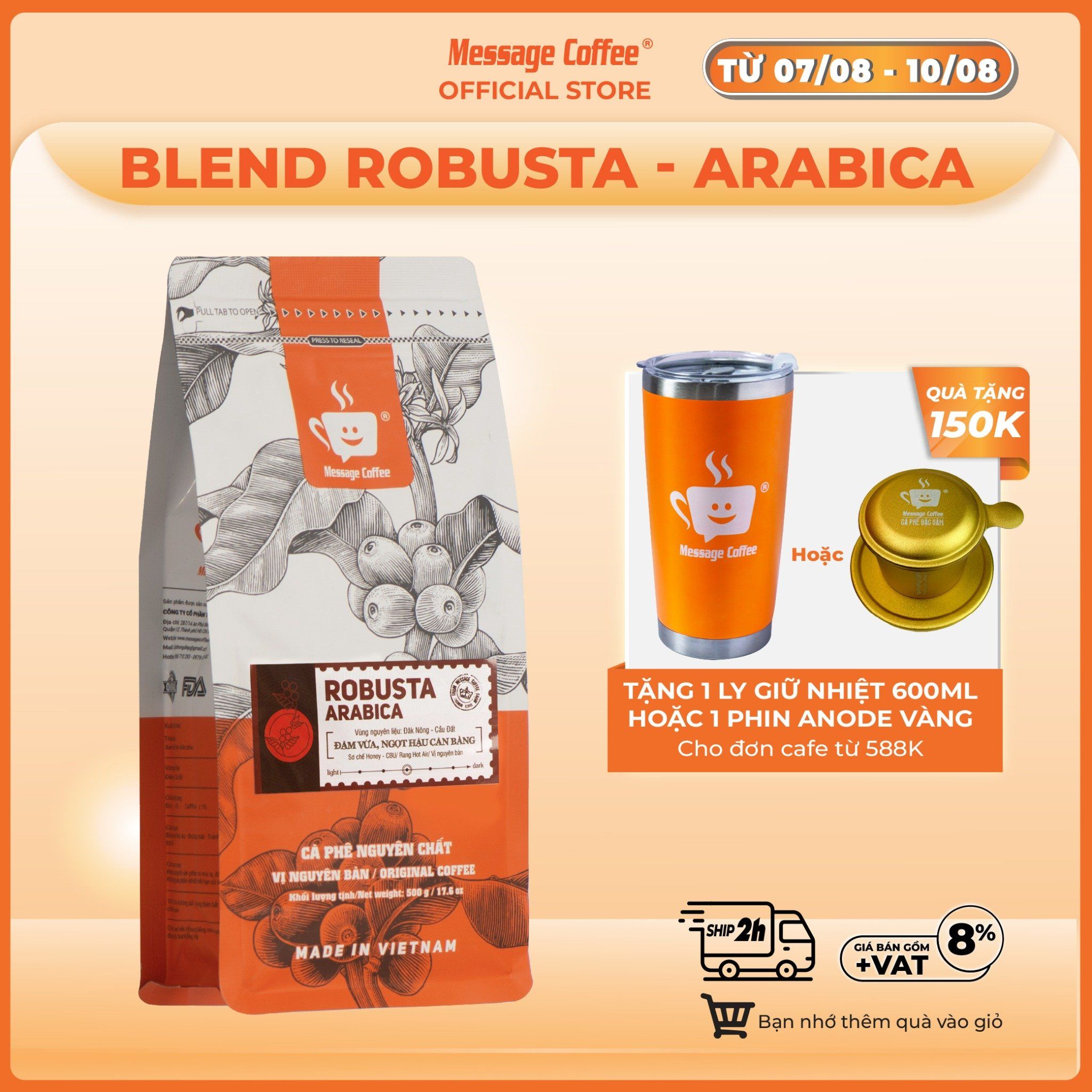  Cà phê nguyên chất Blend Robusta - Arabica rang mộc đậm đà thơm nồng dùng pha phin hoặc pha máy ngon từ Message Coffee 