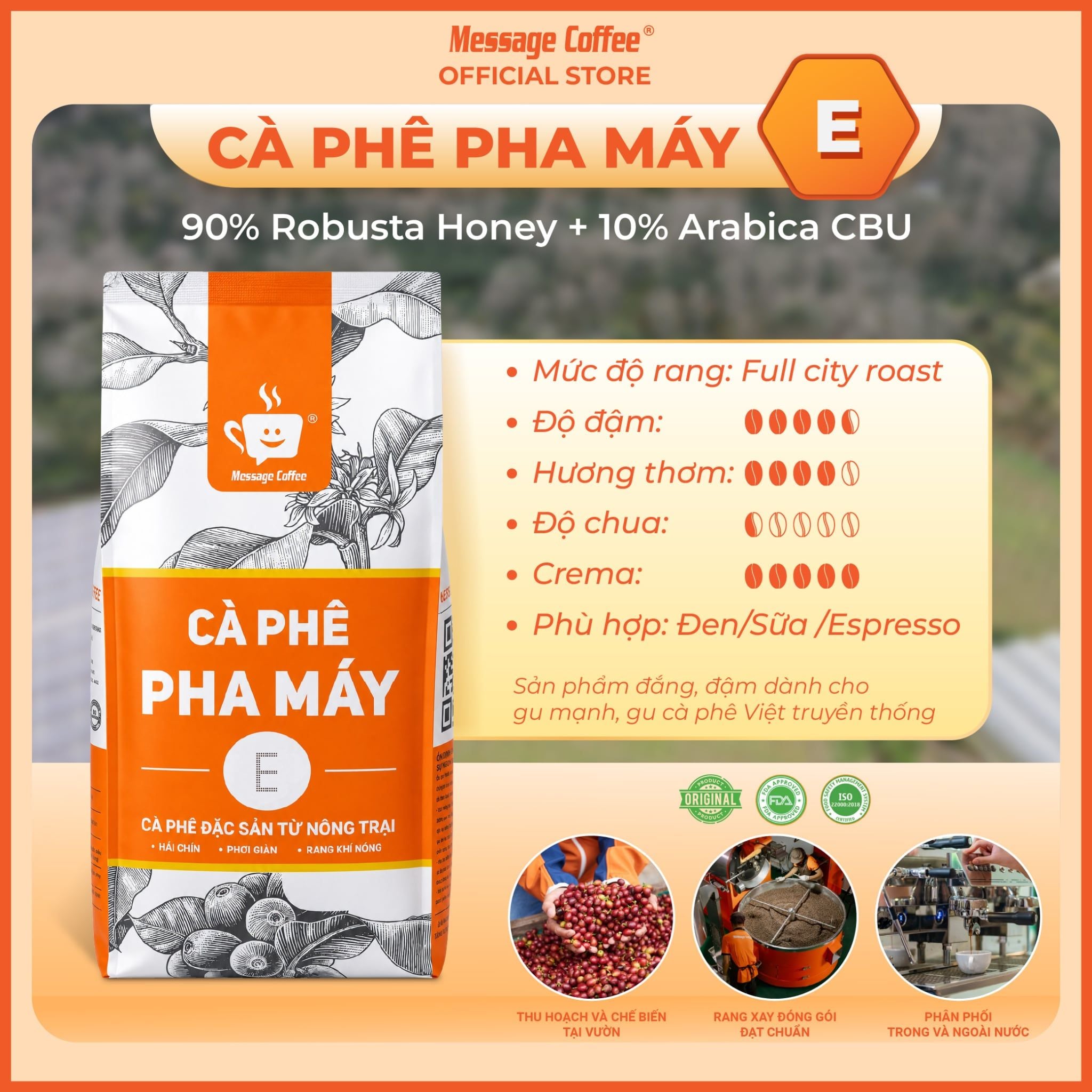  Cà phê pha máy E BLEND 9:1 (90% Robusta 10% Arabica) gói 10KG từ Message Coffee 