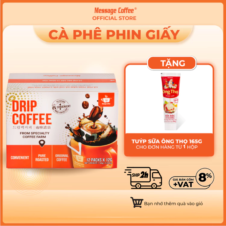  Cà phê Phin giấy Blend Robusta Arabica cafe nguyên chất tiện lợi pha chế từ Message Coffee hộp 12 túi 12 gr 