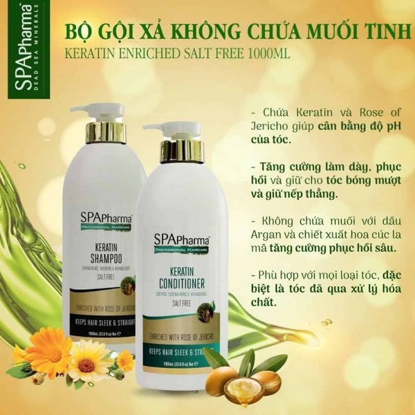 Cặp dầu gội xả SpaPharma Keratin 1000ml/chai Giải pháp cho mái tóc suôn mượt chắc khỏe