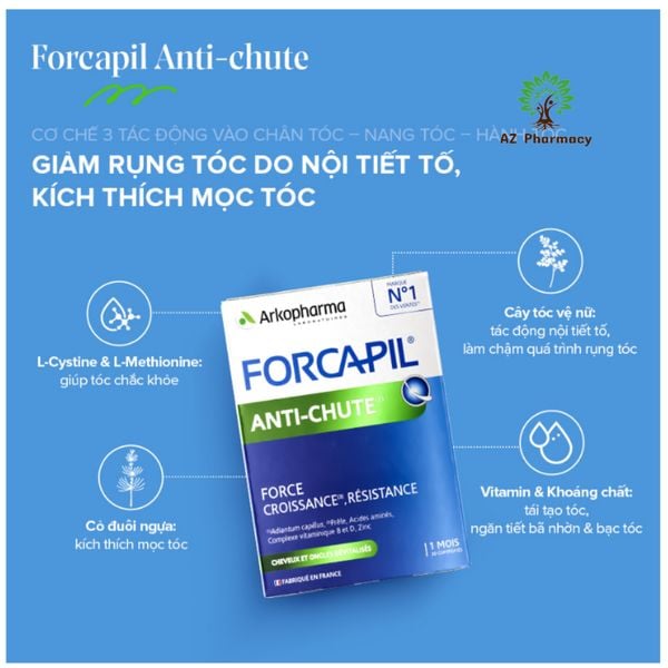 Viên uống giúp giảm rụng, kích thích mọc tóc Arkopharma Forcapil Anti-chute (hộp 30 viên) của Pháp