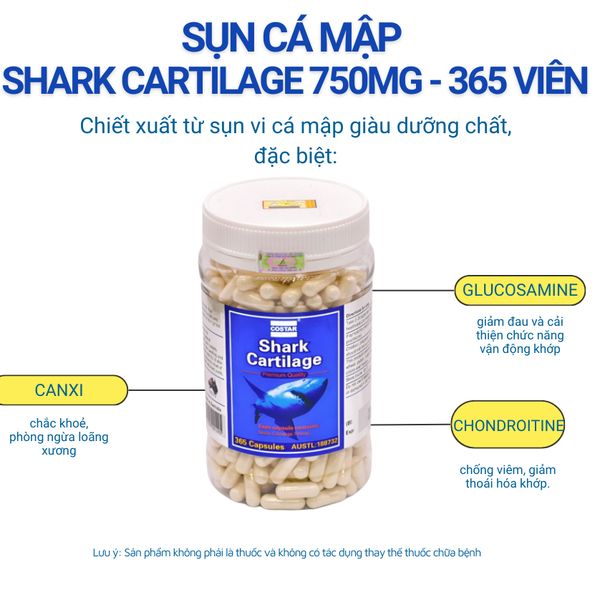 Sụn Cá Mập Costar SHARK CARTILAGE 750MG, Bổ Khớp - Hộp 365 Viên - Nhập Khẩu Chính Hãng Úc