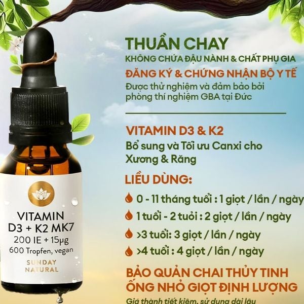 Sunday Natural - VITAMIN D3 + K2 MK7 200 IU + 15µg  cho trẻ em 0-4 tuổi
