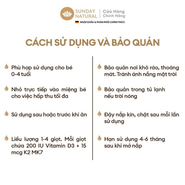 Sunday Natural - VITAMIN D3 + K2 MK7 200 IU + 15µg  cho trẻ em 0-4 tuổi