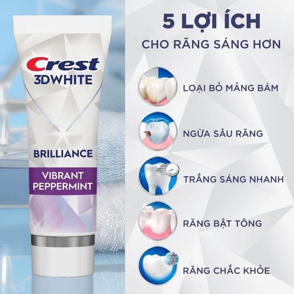 Kem đánh răng Crest 3D White Brilliance Vibrant Peppermint/Blast/Charcoal Trắng Răng Bảo Vệ Men Răng 130g