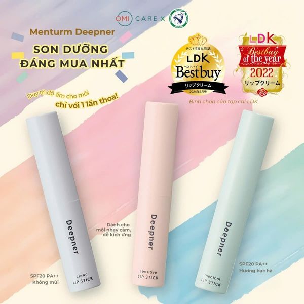 Son Dưỡng Chống Nắng Nhật Bản Dưỡng Ẩm Sâu Cho Môi Nhạy Cảm Khô Nứt Nẻ Omi Menturm Deepner Nhật Bản (2.3g/thỏi)