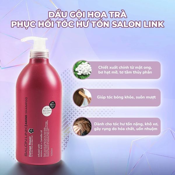 Bộ Dầu Gội, Xả Hoa Trà Phục Hồi Tóc Hư Tổn Salon Link Salonlink Damage & Repair 1000ml Nhật Bản (đỏxnâu)