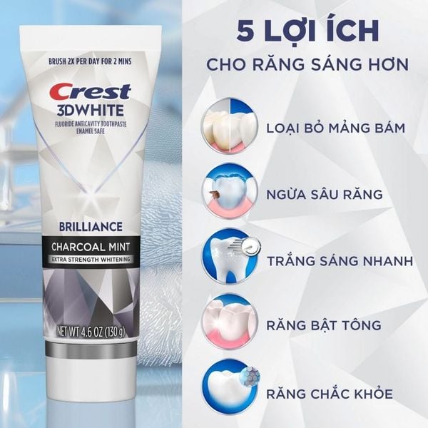 Kem đánh răng Crest 3D White Brilliance Vibrant Peppermint/Blast/Charcoal Trắng Răng Bảo Vệ Men Răng 130g