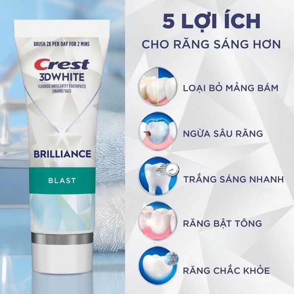 Kem đánh răng Crest 3D White Brilliance Vibrant Peppermint/Blast/Charcoal Trắng Răng Bảo Vệ Men Răng 130g