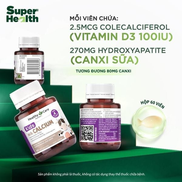 Viên sữa bổ sung Canxi cho bé Healthy Care Calcium Milk Kids, 60 viên