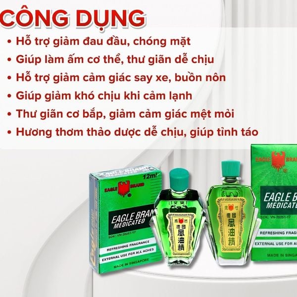 Dầu gió xanh Con Ó Eagle Brand Medicated Oil giảm nhức đầu, cảm cúm, có 3ml, 6ml, 12ml và 24ml