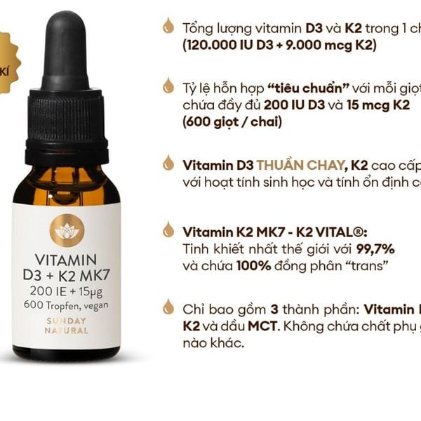 Sunday Natural - VITAMIN D3 + K2 MK7 200 IU + 15µg  cho trẻ em 0-4 tuổi