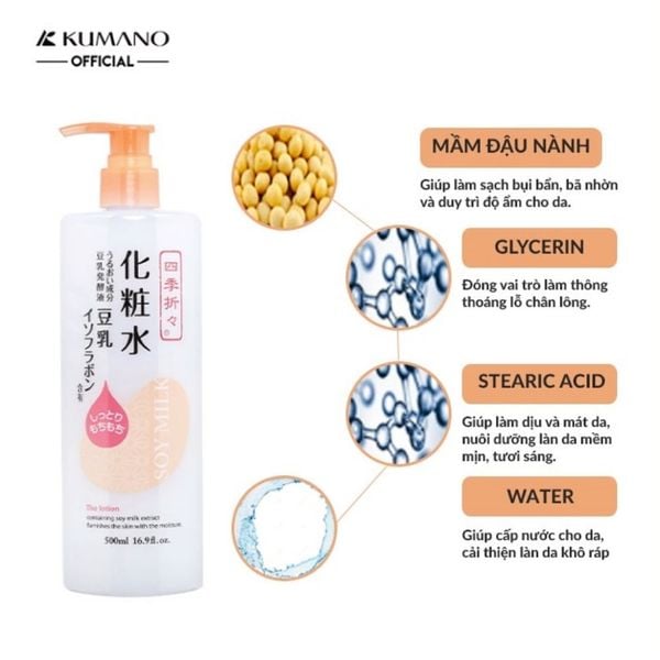 Nước Hoa Hồng Chiết Xuất Đậu Nành Kumano Soy Milk Lotion 500ml cấp ẩm, sáng mịn căng da