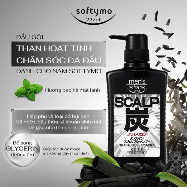 Dầu Gội, Sữa tắm Than Hoạt Tính Chăm Sóc Da Dầu Dành Cho Nam Softymo Kose Nhật Bản 550ml