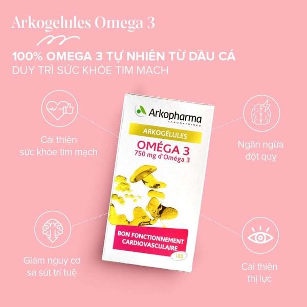 [HÀNG CHÍNH HÃNG] Viên uống dầu cá hỗ trợ tim mạch Arkopharma Arkogelules Omega 3 180 viên
