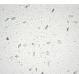 Crystal White quartz surface with white base and translucent crystal chip pattern.