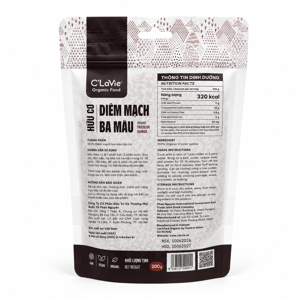  Diêm Mạch Ba Màu Hữu Cơ C'LaVie 200g 
