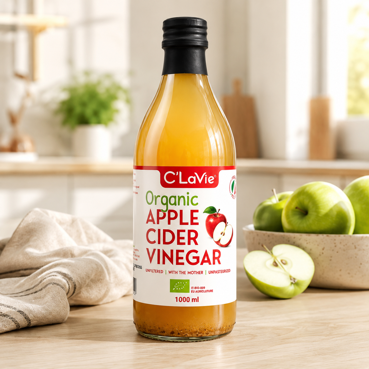  Giấm Táo Hữu Cơ Có Giấm Mẹ C’LaVie 1000ml 