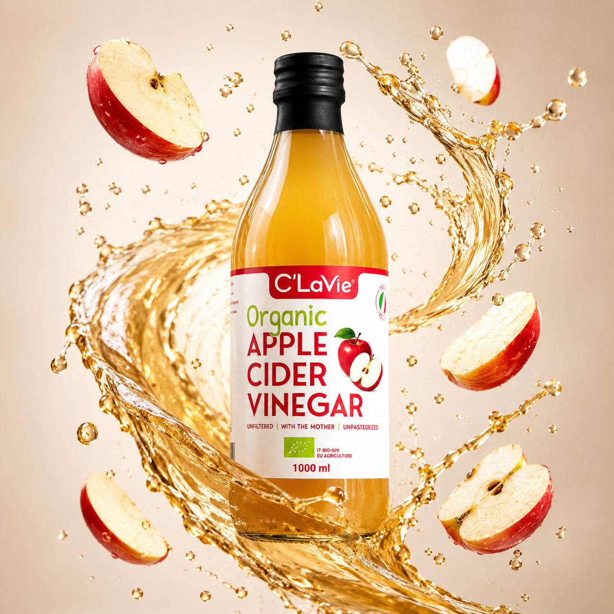  Giấm Táo Hữu Cơ Có Giấm Mẹ C’LaVie 1000ml 