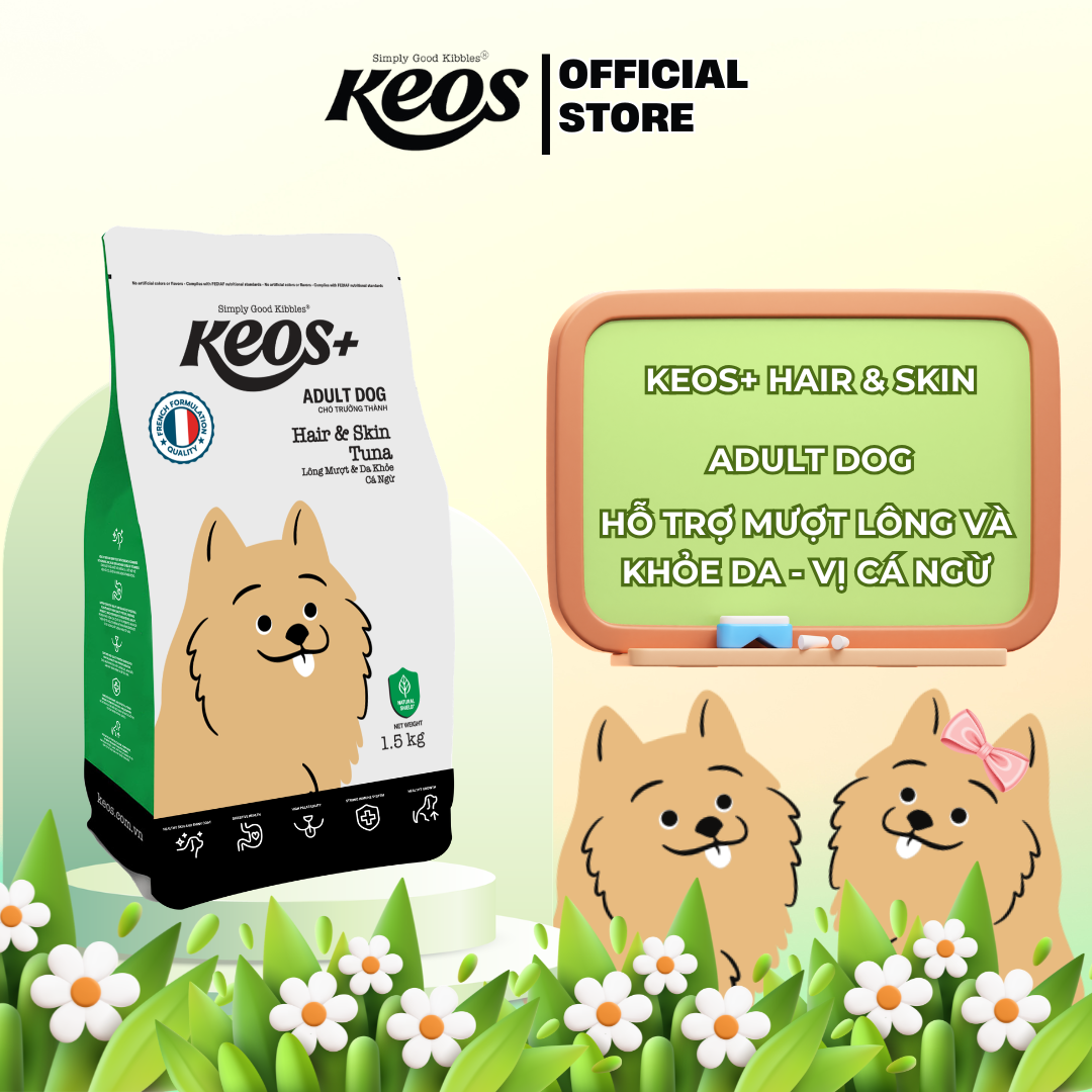 Thức ăn hạt cho chó trưởng thành Keos+ Adult Dog Hair & Skin vị Cá Ngừ, hỗ trợ da khỏe và lông bóng mượt 