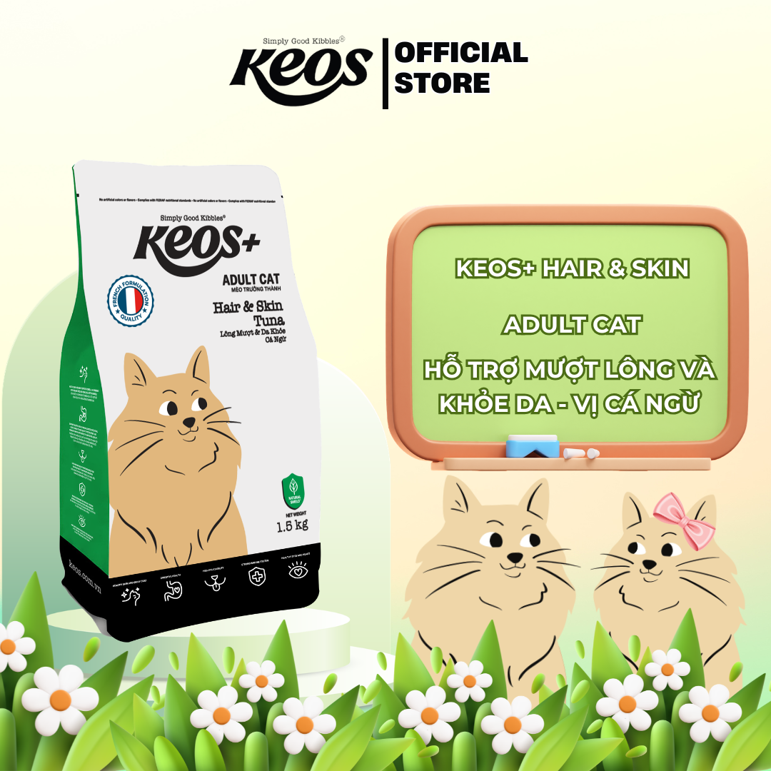  Thức ăn hạt cho mèo trưởng thành Keos+ Adult Cat Hair & Skin vị Cá Ngừ, hỗ trợ da khỏe, lông bóng mượt 