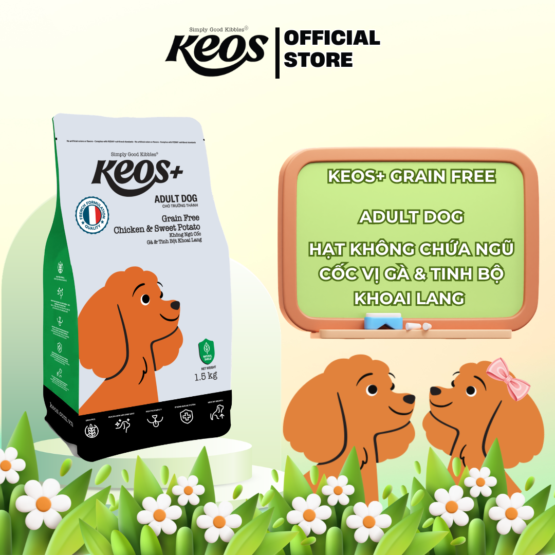  Thức ăn hạt cho chó trưởng thành Keos+ Grain Free vị Gà & Tinh bột khoai lang, không chứa ngũ cốc, hỗ trợ khỏe da & mượt lông 