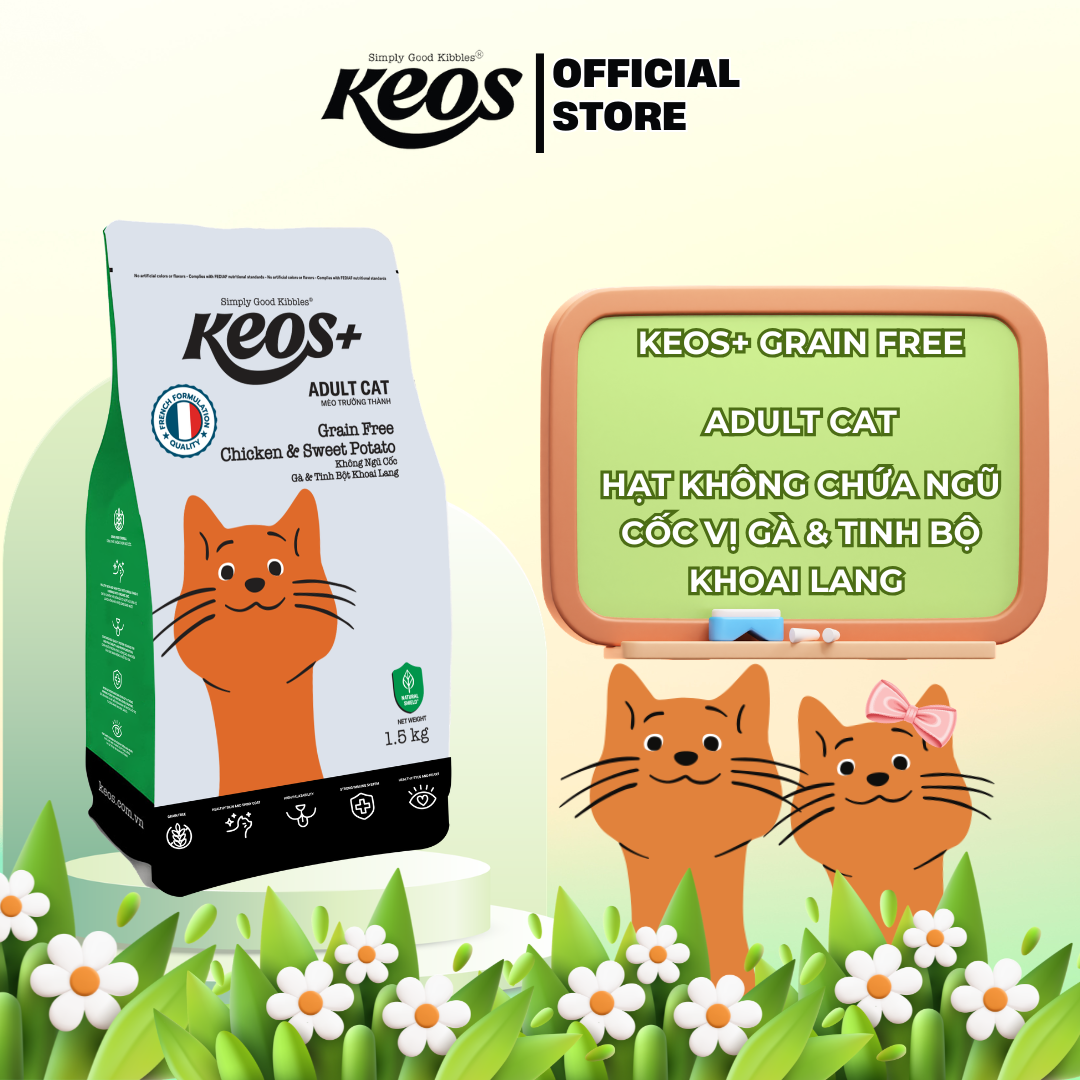  Thức ăn hạt cho mèo trưởng thành Keos+ Adult Cat Grain Free vị Gà & Tinh bột khoai lang, không chứa ngũ cốc, hỗ trợ da khỏe, lông bóng mượt và mắt tim khỏe mạnh 